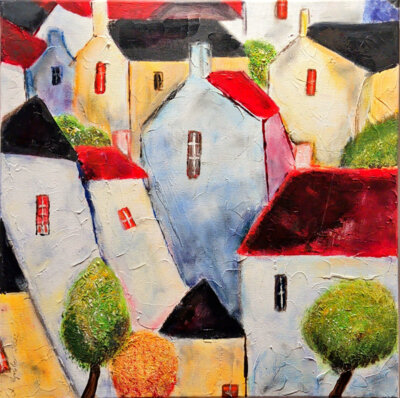 H&auml;user naiv (2022, gespachelt, Acryl und Kreide auf Leinwand, 50x50cm)  (Bild vergr&ouml;&szlig;ern)