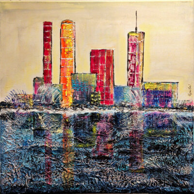 Skyline (2022, Alufolie, Acryl auf Leinwand, 50x50cm)  (Bild vergr&ouml;&szlig;ern)