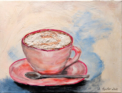 Kaffeetasse (2022, Seidenpapier, Acryl und Kreide auf Leinwand, 30x40cm)  (Bild vergr&ouml;&szlig;ern)
