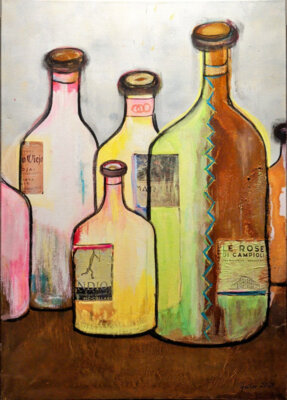 Flaschen (2024, Rost, Collage, Acryl und Kreide auf Leinwand, 50x70cm)  (Bild vergr&ouml;&szlig;ern)