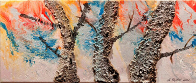 B&auml;ume (2022, Kaffeesatz, Acryl auf Leinwand, 30x70cm)  (Bild vergr&ouml;&szlig;ern)