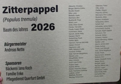 Auch das ist eine Tradition - jeder gepflanzte Baum erh&auml;lt eine Plakette, die das Jahr, den Baum, die Sponsoren, den B&uuml;rgermeister und vor allem die Sch&uuml;lerinnen und Sch&uuml;ler des Abi-Jahrgangs benennt.  (Bild vergr&ouml;&szlig;ern)
