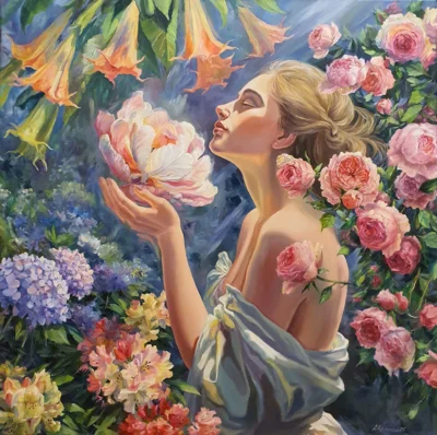 Anna Filimonova D&uuml;fte des Gartens 80x80 cm,  &Ouml;l auf Leinwand, 2025  (Bild vergr&ouml;&szlig;ern)