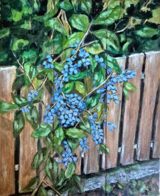 Sylva Hass - Blaue Beeren der Mahonie, Acryl auf Holz 32X26  (Bild vergr&ouml;&szlig;ern)