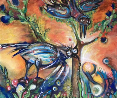 Uta Munzinger Vogelpalaver 125 x 150 cm Gouache  (Bild vergr&ouml;&szlig;ern)