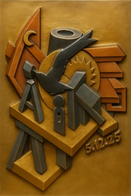Wolfgang Bodien - Geometrische Metallskulptur mit Symbolen  (Bild vergr&ouml;&szlig;ern)