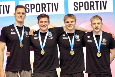 Vorschaubild: SC Wiesbaden mit Gold über 4x100m Lagen (Timo Sorgius, Urs-Laurin Bludau, Andrii Kovalenko und Bogdan Shelipov v l n r)