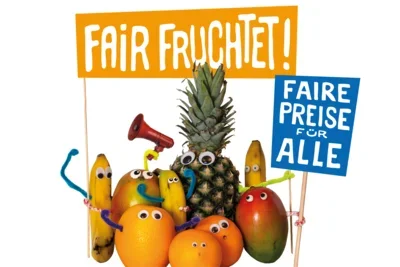 Plakat zum Weltladentag: Motto- fair fruchtet  (Bild vergr&ouml;&szlig;ern)