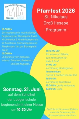 Pfarrfest Hesepe, 21.06.2026 - Programm  (Bild vergr&ouml;&szlig;ern)