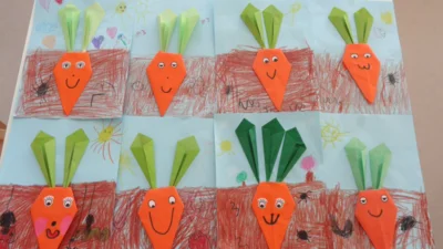 Zur Geschichte vom "R&uuml;bchen ziehen" haben die Kinder gefaltet und gemalt.  (Bild vergr&ouml;&szlig;ern)