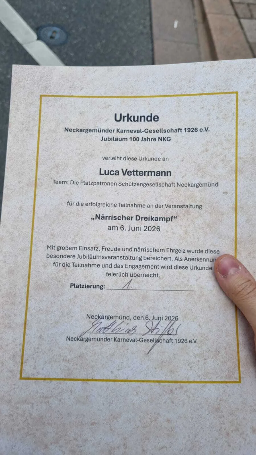 Bild: Luca Vettermanns Siegerurkunde.