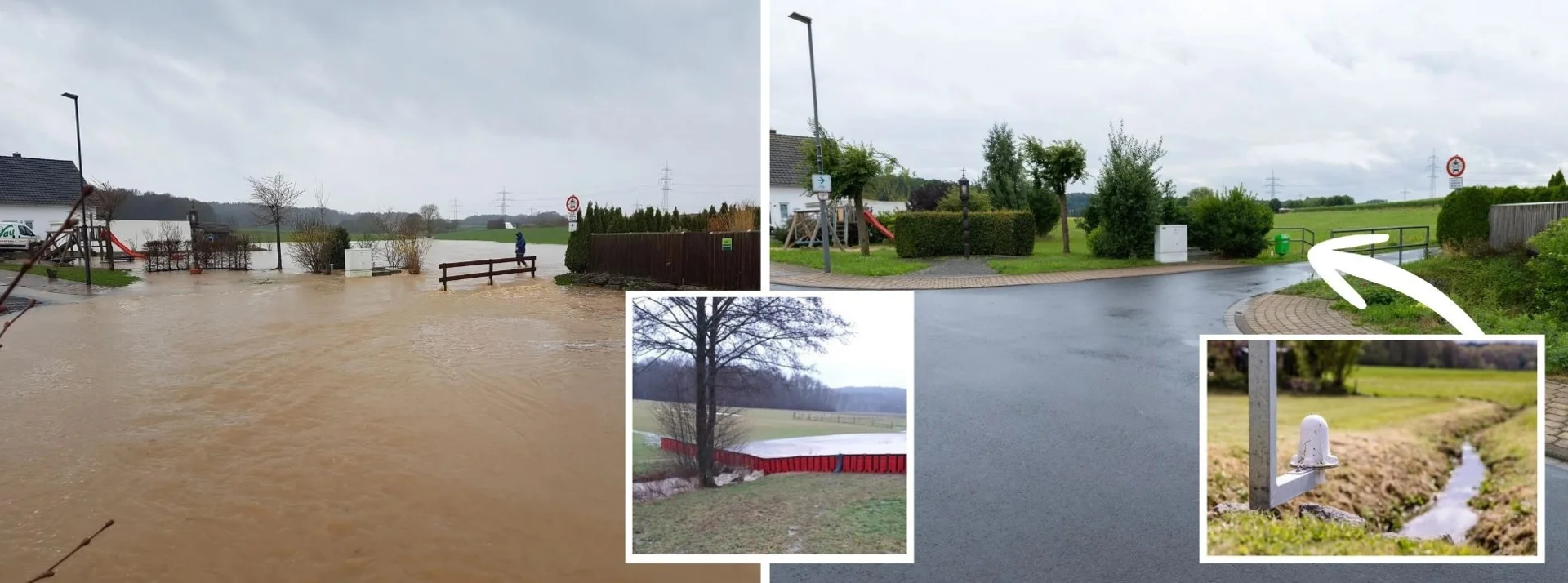 Bild: Das Bild zeigt eine Kreuzung in Künzell-Dirlos, links nach einem Starkregen, rechts ohne. Unten rechts sieht man den Sensor, der den Pegel des Wasserlaufs Grumbach überwacht. Ist eine gewisse Hochwasserschwelle erreicht, wird die Feuerwehr alarmiert, um eine Hochwasserschutzbarriere zu errichten (Bild Mitte). Fotos der Collage: Jutta Schäfer, Lisa Laibach, Sebastian Mannert, Gemeinde Künzell