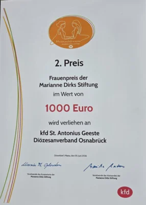 Urkunde, 2. Preis der Marianne Dirks Stiftung an kfd Geeste, 05.06.2026  (Bild vergr&ouml;&szlig;ern)