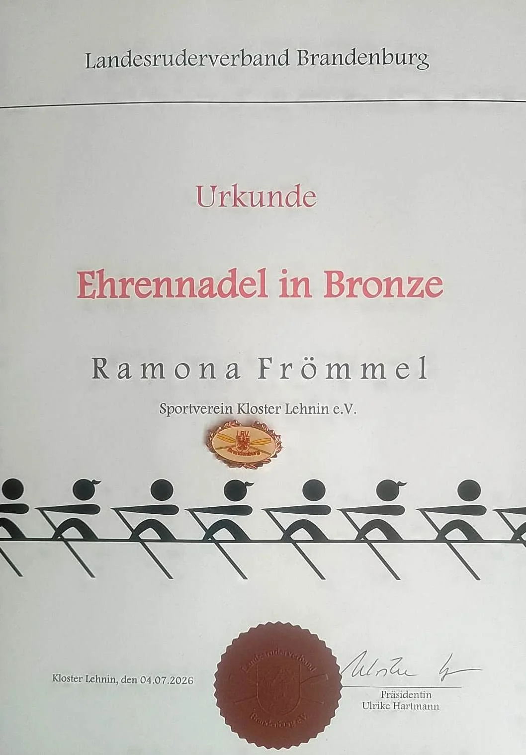 Bild: Postum an Mona..... Ehrennadel in Bronze des LRV Brandenburg