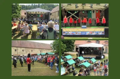 Pipes-Bands und T&auml;nzer auf und vor der B&uuml;hne 
