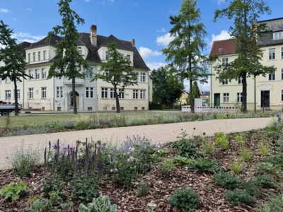 Auch der Heinrich-Heine-Platz hat in den vergangenen Monaten eine Aufwertung erfahren. Zuletzt wurde dort eine neue Fu&szlig;g&auml;ngerquerung in Form eines Weges mit wassergebundener Decke geschaffen. Die Fl&auml;chen beidseits des neuen Weges wurden inzwischen bepflanzt. 