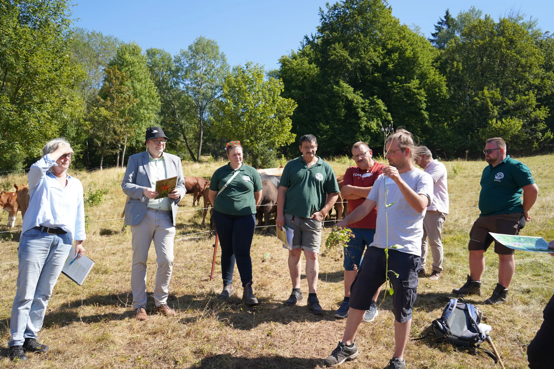 Bild: Fionn Pape (LPV Göttingen) erklärt Bergwiesen-geschützte Arten (Foto: Landkreis Goslar)