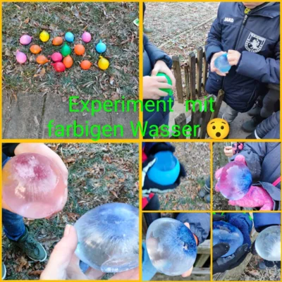Experiment mit Luftballons und farbigem Wasser  (Bild vergr&ouml;&szlig;ern)
