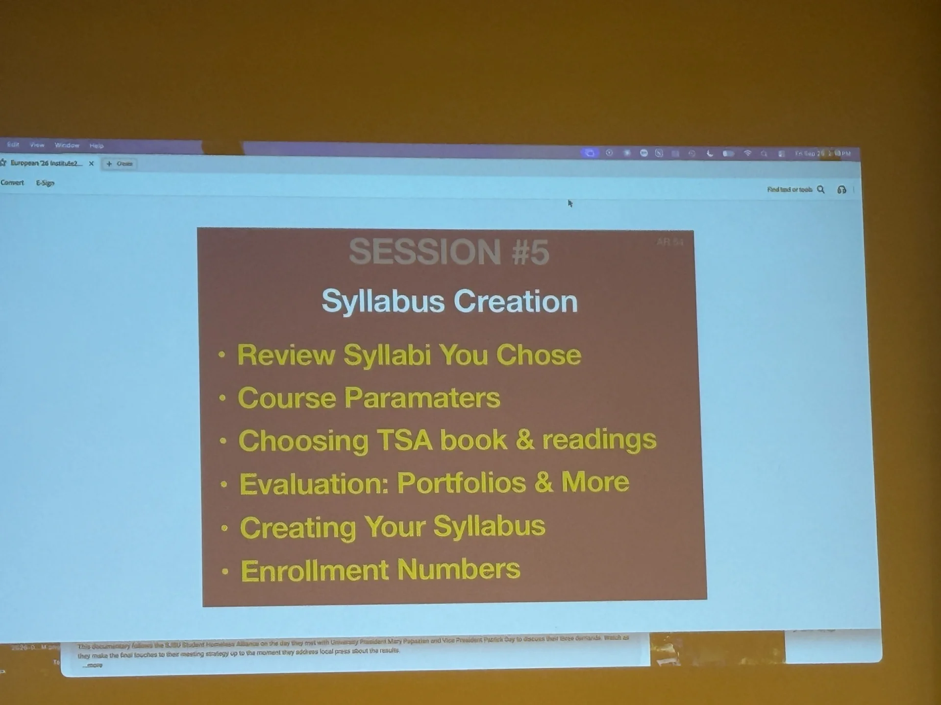 Bild: Session 5 „Syllabus Creation“ – Entwicklung und Strukturierung eines eigenen Teaching-Social-Action-Seminarkonzepts.