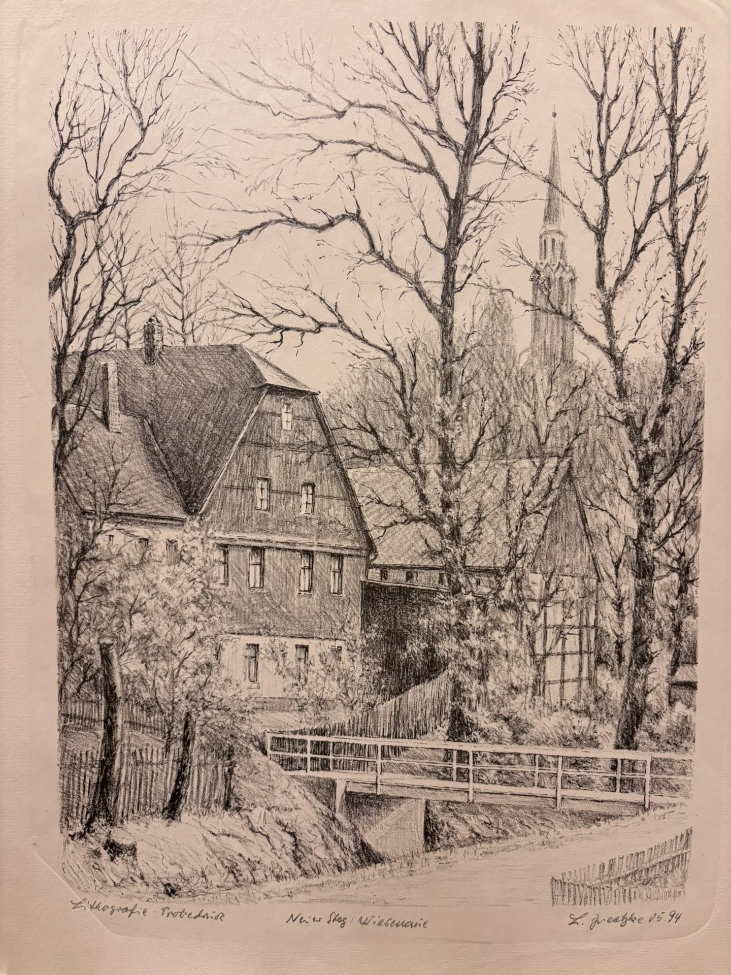 Bild: Lothar Breetzke Reinsdorf neuer Steg Wiesenaue 1994 Lithografie