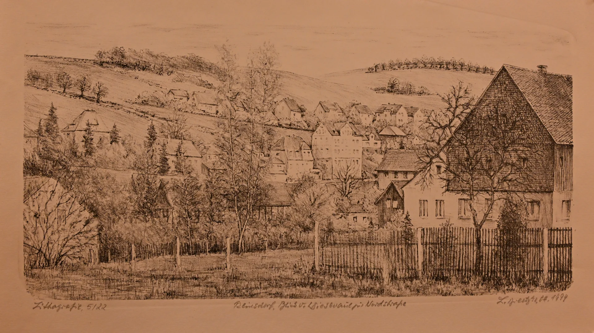 Bild: Lothar Breetzke Reinsdrof Blick von der Wiesenaue zur Nordstraße 1994 Lithografie