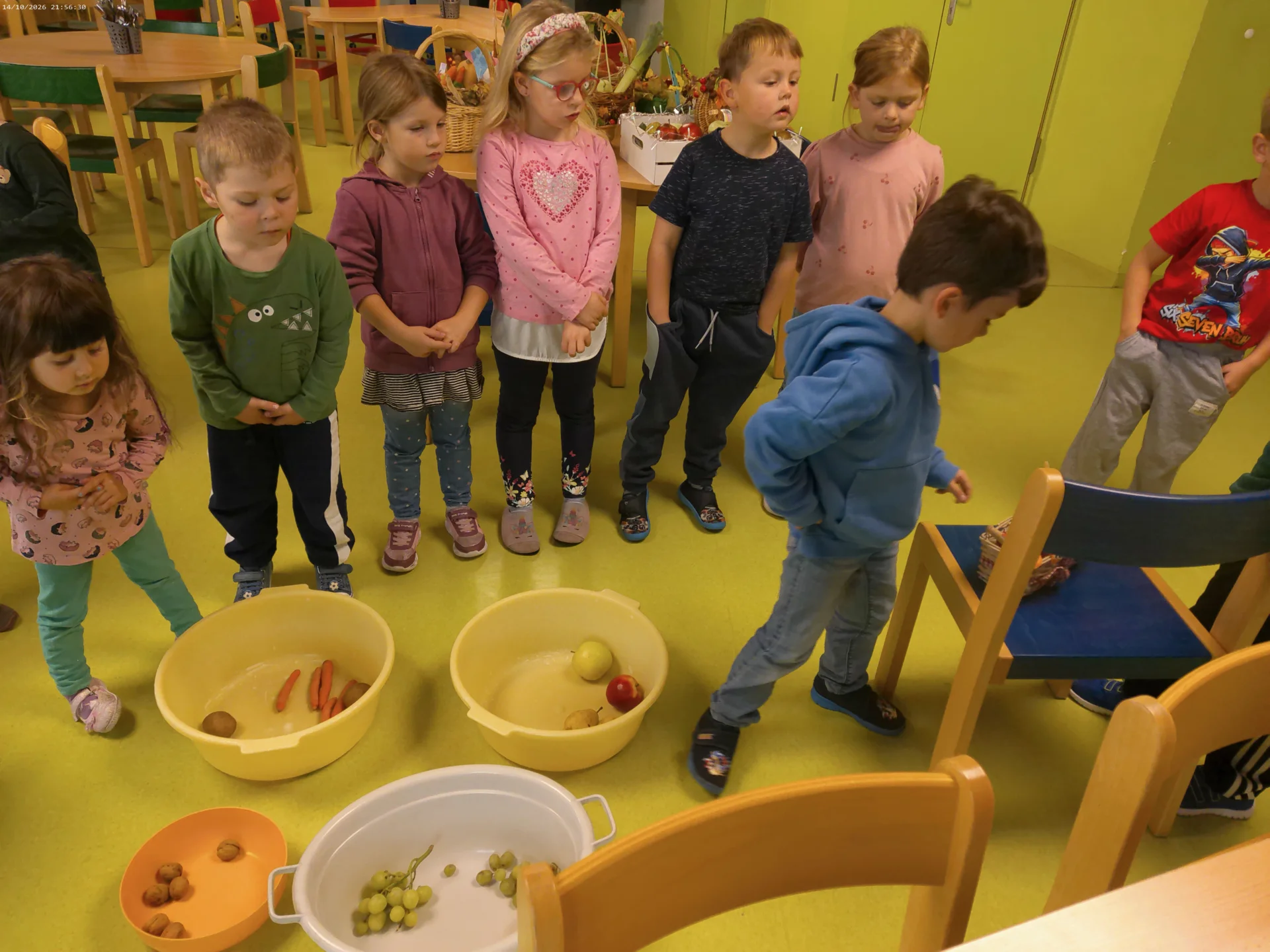Bild: Zwei große Schüssel, für Obst und Gemüse werden bestückt.