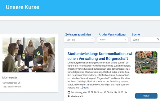 Übersicht der Kurse auf der Buchungswebseite