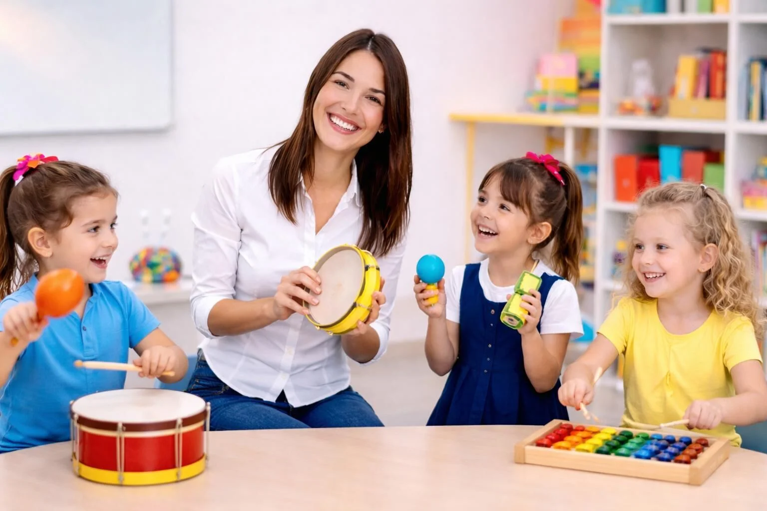 Erzieherin mit Kindern Musik spielend