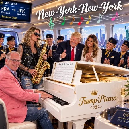 PianoHarry & Sarah-Sax am Trump-Piano im Flieger von FFM nach NY - Trump freut sich wie ein K&ouml;nig -
