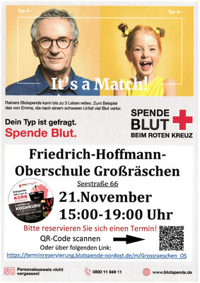 Plakat Blutspende 21.11. 15-19 Uhr in der Oberschule Großräschen (Bild vergrößern)