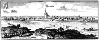 Stich von Matthäus Merian von 1652 zeigt die Pritzwalker Stadtmauer mit den Stadttoren. (Museum Pritzwalk) (Bild vergrößern)