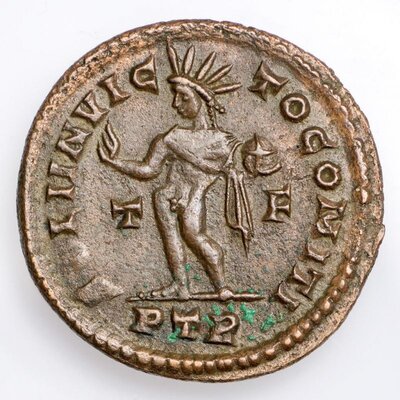Kopie einer Münze des Kaisers Konstantin I.; Rückseite Sonnegott Sol mit Strahlenkranz; Römerkastell Saalburg