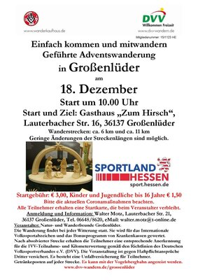 Geführte Adventswanderung am 18.12.2022 um 10 Uhr in Großenlüder. Start am Gasthof Zum Hirsch