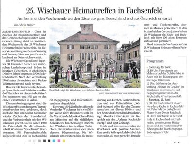 Aalener Nachrichten - Vorbericht zum 25. Wischauer Heimattreffen (Bild vergrößern)