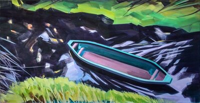Anne Kern, Boot auf stiller See, 2020,80x155, Öl auf Lwd.