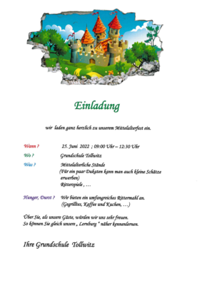 Einladung Mittelalterfest Grundschule Tollwitz