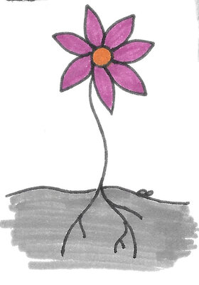Gezeichnete Blume mit Wurzeln und lilafarbenen Blütenblättern