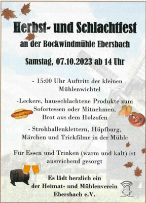 Veranstaltung: Herbst- und Schlachtfest an der Bockwindmühle Ebersbach