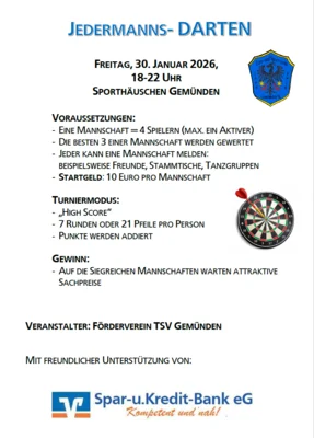 Veranstaltung: Spar- und Kreditbank Cup - Jedermanns-Dart-Turnier Fr 30.​01.​2026