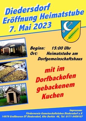 © Förderverein Gemeinschaftsleben Diedersdorf e.V. – Plakat Eröffnung Heimatstube am 07.05.2023 (Bild vergrößern)
