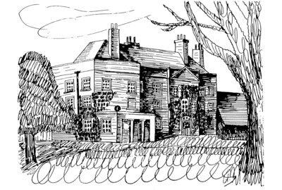 Farm Hall, Zeichnung von Erich Bagge, Oktober 1945 (Bild vergrößern)