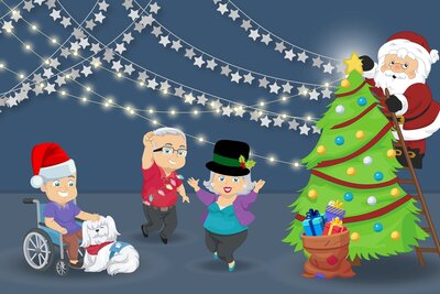 Weihnachtsmann- Baum und tanzende Senioren, Mann mit RollstuhlHund