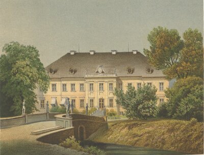 Lithografie von A. Borchel nach einer Vorlage von C. G. Gemeinert | Schloß Rühstädt 1859, Ansicht der Auffahrtsseite mit Schloßbrücke. (Bild vergrößern)