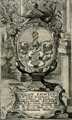 Stahlstich mit dem Wappen des Deutschordensritters Philipp Erwein Groschlag von Dieburg (Bild vergrößern)