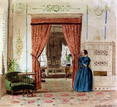 Carl Theodor Reiffenstein (1820—1893): Clotilde Koch-Gontard im Salon des Koch'schen Stadthauses   - Hessisches Staatsarchiv Darmstadt, Bestand O 11 Nr. E 40 - wikipedia (Bild vergrößern)
