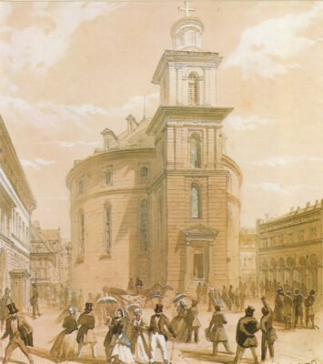 Die Frankfurter Paulskirche im Jahr 1848, als sie Tagungsort des Vorparlaments und der Nationalversammlung war; Aquarell von Jean Nicolas Ventadour; Historisches Museum Frankfurt. - wikipedia (Bild vergrößern)