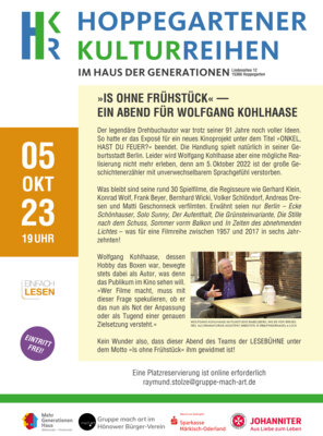 Veranstaltung: Hoppegartener Kulturreihen „Is ohne Frühstück“ – Ein Abend für Wolfgang Kohlhaase