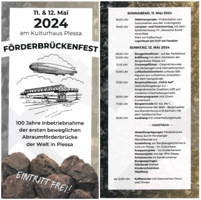 Veranstaltung: Förderbrückenfest in und vor dem Kulturhaus Plessa anlässlich "100 Jahre 1. bewegliche Abraumförderbrücke der Welt in Plessa"