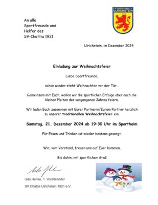 Einladung zur Weihnachtsfeier SV Chattia