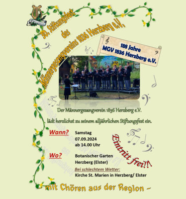 Stiftungsfest Herzberg, Männergesangverein 1823, Chöre, Botanischer Garten Herzberg, 188 Jahre MGV Herzberg, Chorfest 2024
